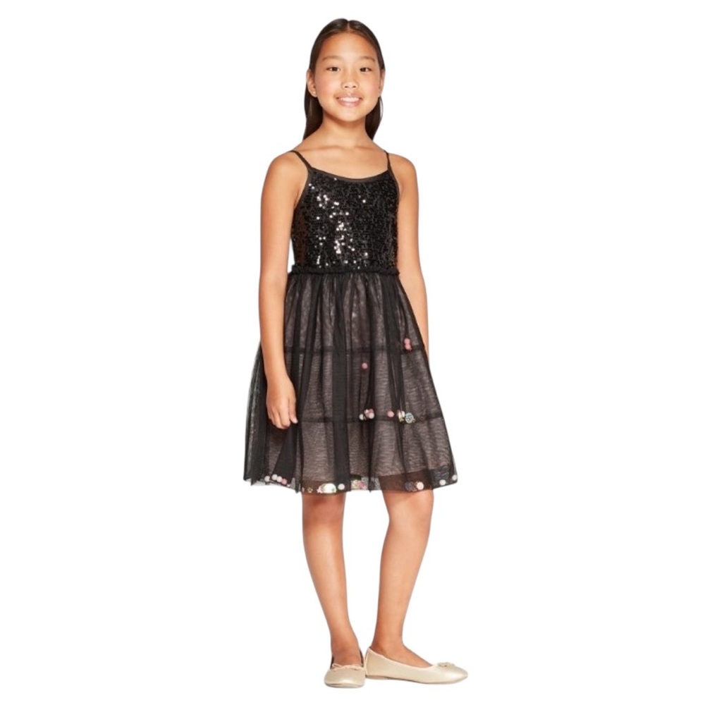 Sequin & Pom Pom Black Sparkle Party Dress 14/16